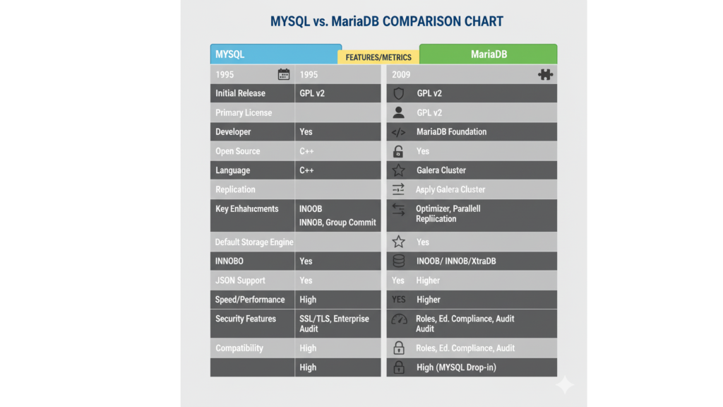 Comparison chart showing MySQL vs MariaDB features and performance metrics