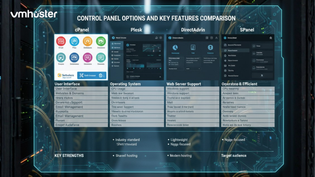Comparison chart showing control panel options and their key feature