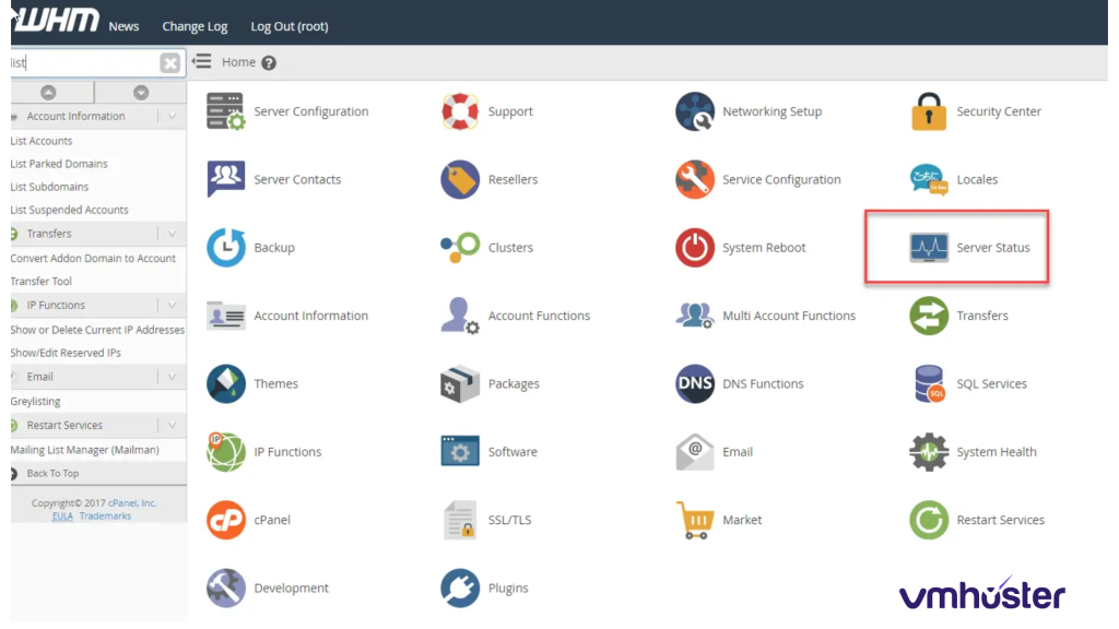 Screenshot of WHM dashboard showing the current MySQL version in the server status section
