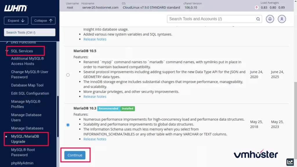 Screenshot of the MySQL upgrade interface in WHM showing available versions and the upgrade button