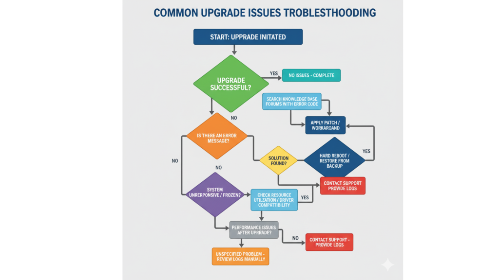 Troubleshooting flowchart showing decision tree for common upgrade issues