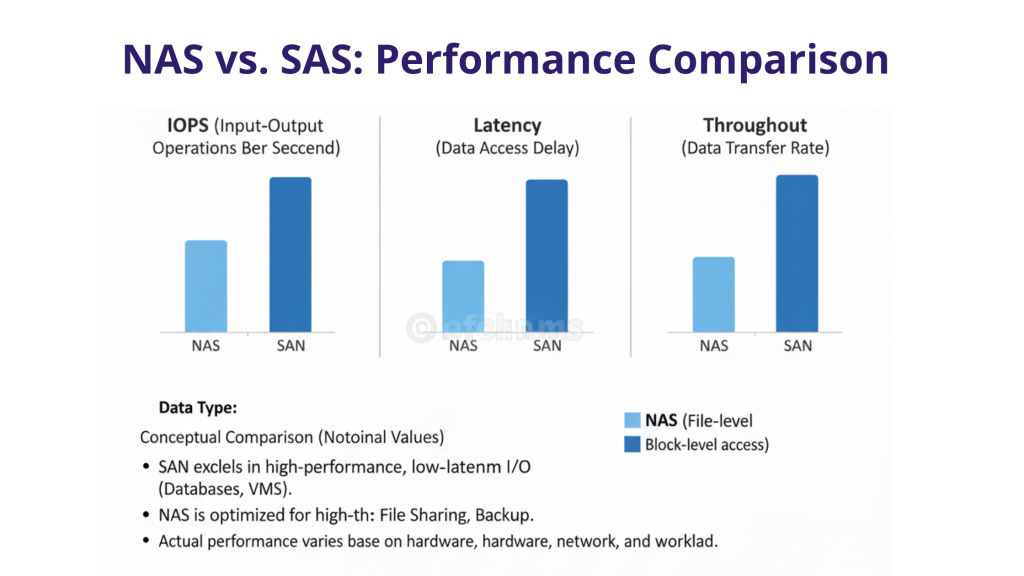comparison chart showing IOPS, latency, and throughput differences between NAS and SAN in various scenarios