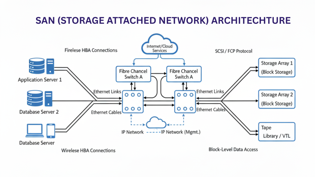 SAN architecture with Fibre Channel switches, multiple servers, and storage arrays connected via dedicated network