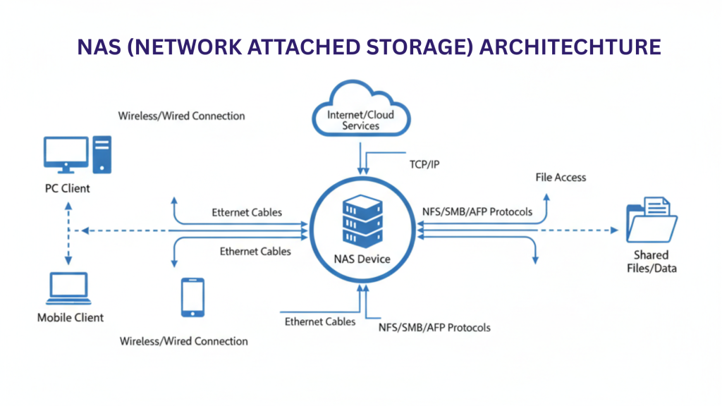 NAS architecture - how it connects to the network with ethernet and serves files to multiple clients
