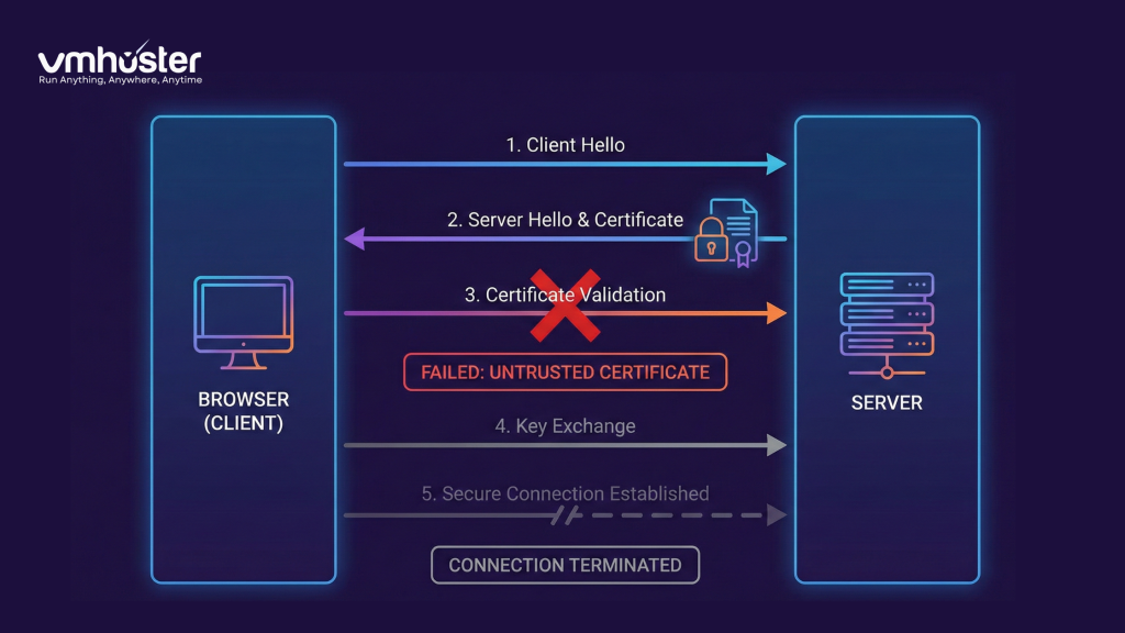 Infographic showing the SSL handshake process between browser and server, with a red X marking where the connection fails